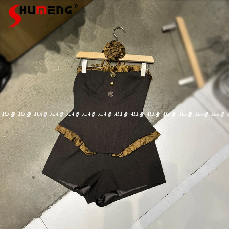

New Fashion Ruffled Waist-Tight Tube Top Suit Shorts 2-Piece Suit Spring And Summer Popular Retro Hot Girl Wear Women's Clothing