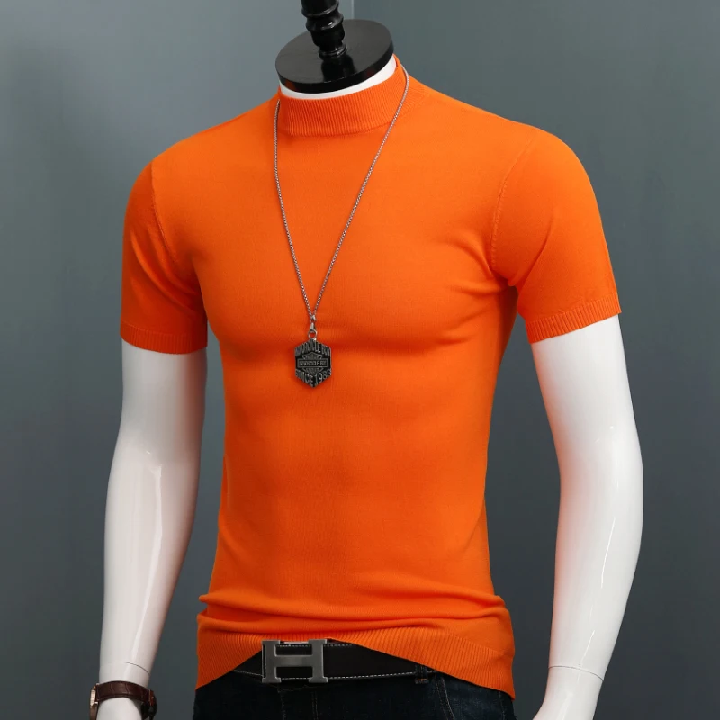 

2024 Men Summer New Half Turtleneck Knit T Shirts Mens Short Sleeve Slim Tees Male Solid Casual Stretched Sweater T-shirt F737