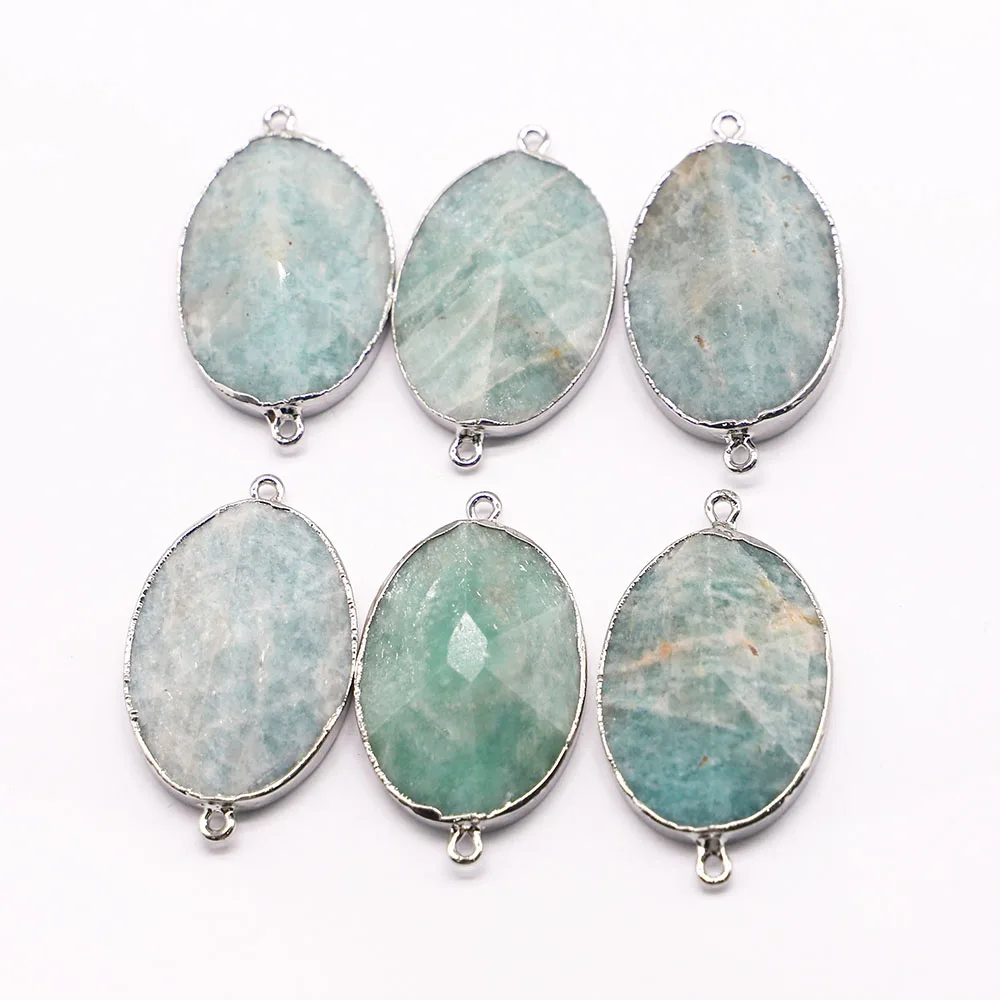 

Natural Stone Silver Plated Edge Oval Amazons Slice Pendant Connector Necklace Fashion Charms Jewelry Accessories Wholesale 4Pcs