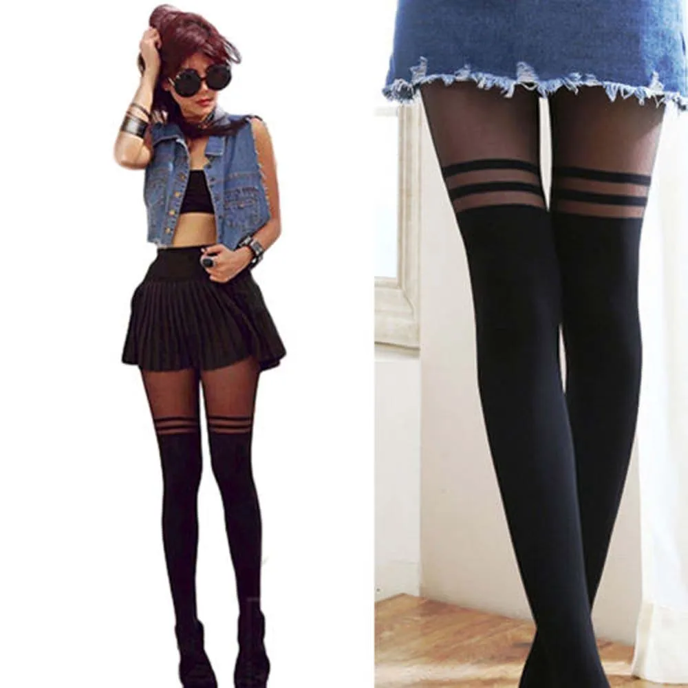 

Women Sexy Tights Double Stripe Silk Stockings Thin Lady Vintage Stockings Pantyhose Summer Female Hosiery Stockings