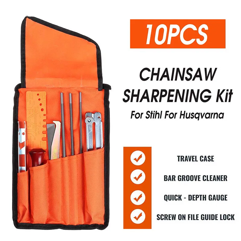 Chainsaw sharpening kit 10/11/12 pcs set professional hardwood handle round/flat file guide bar file sharpener tools