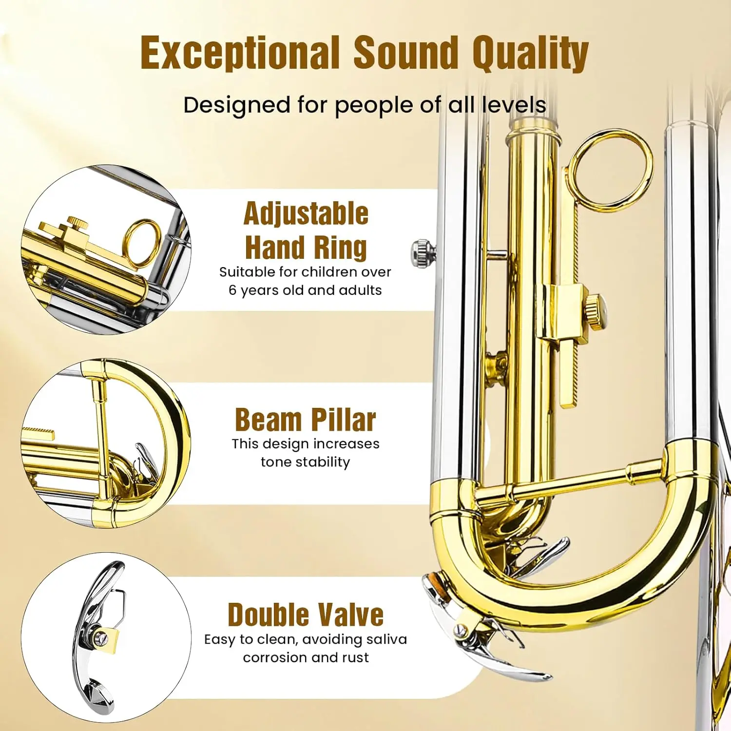 Trumpet Instrument Set for Beginner, Bb Standard Student Trumpet with Hard Case, Brass Instruments with Trumpets Cleaning
