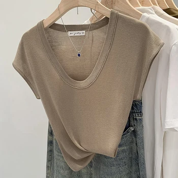 Trendy Solid Color Versatile Tee 2026 Summer U-Neck Knit Women's T-Shirt Slim Fit Cap Sleeve Casual Top 1