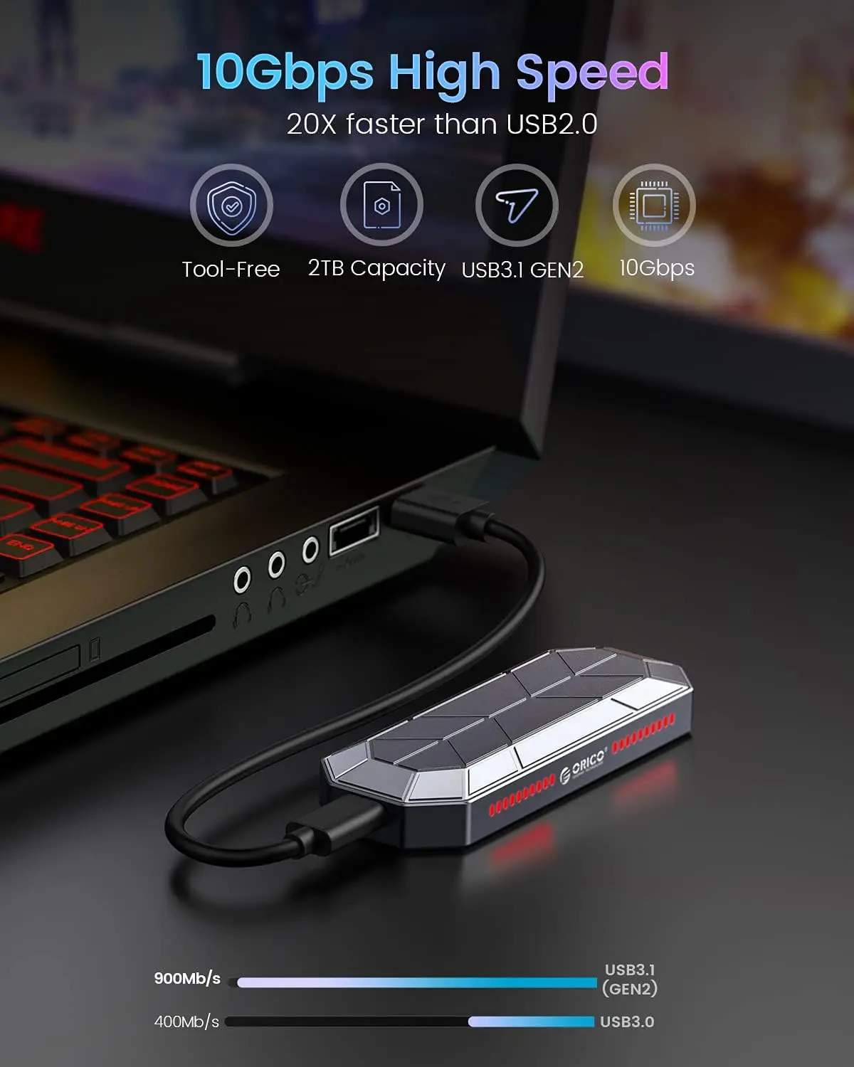 ORICO RGB M2 SSD 인클로저 M.2 NVME 솔리드 스테이트 드라이브 케이스 10Gbps SSD 박스 게임 스타일 컴퓨터 액세서리용 쿨러