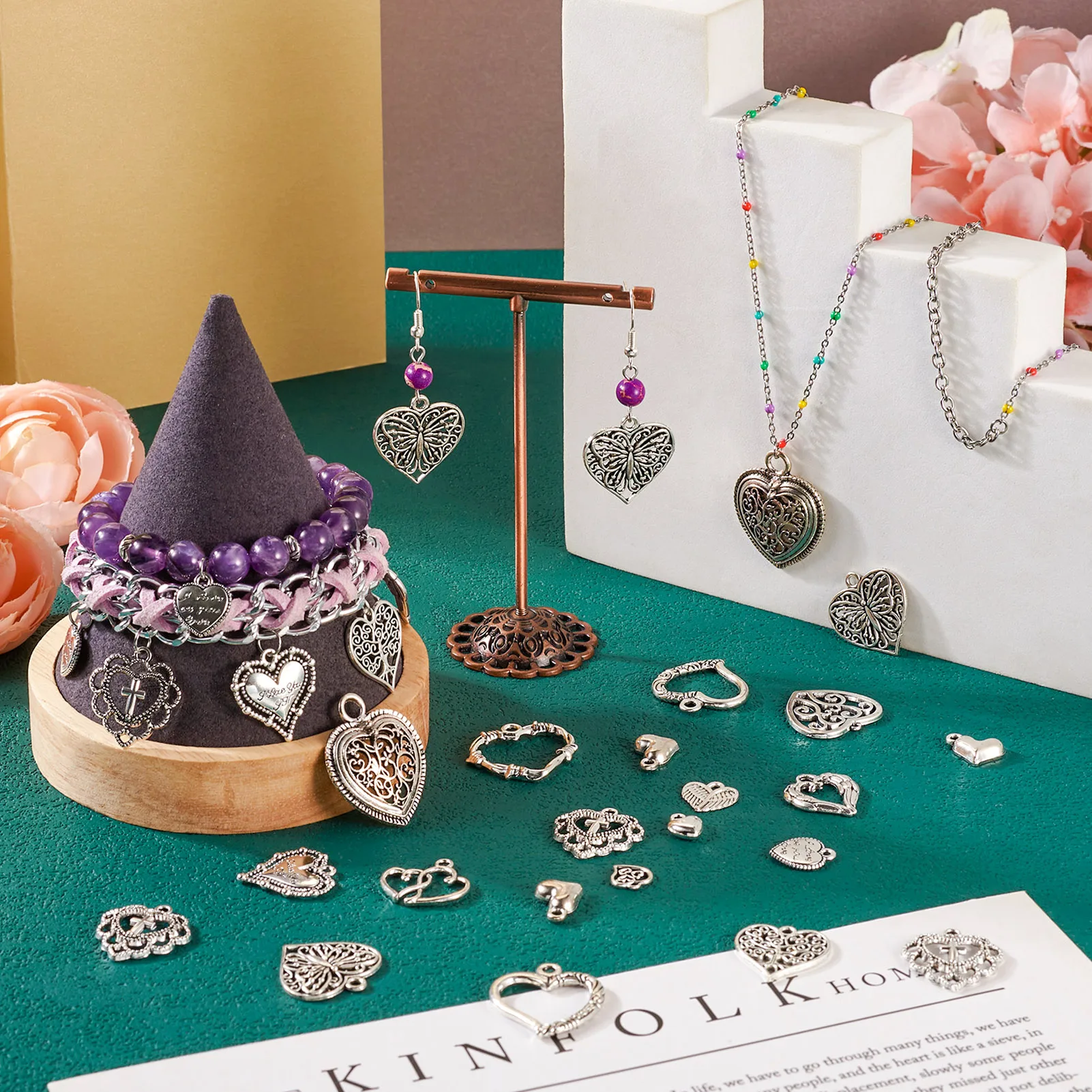 120pcs Antique Silver Color Heart Charms Mixed Tibetan Styles Alloy Charms for DIY Earrings Necklace Brooches Jewelry Making