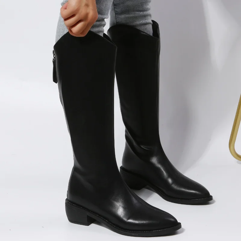 Women's Pointy Knee-high Boots Platform High Boots Fashion Knight Boots 2023 New Black and White Office Shoes for Women Outdoors