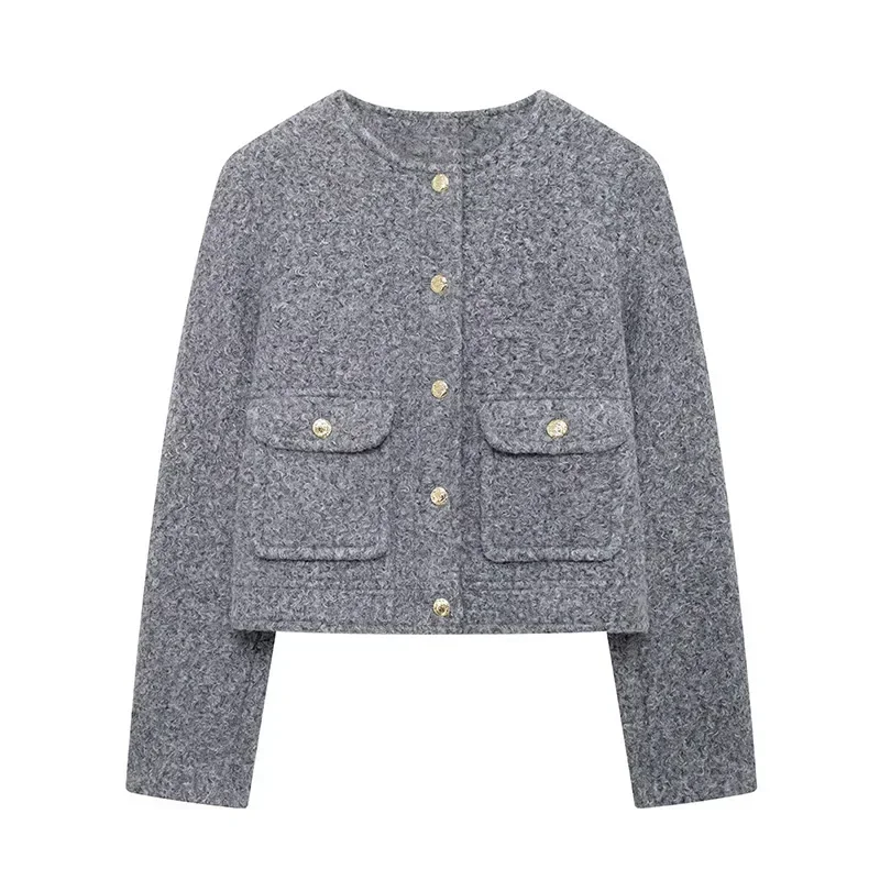Elegant Woolen Blends Coat For Women O-neck Metal Button Gray Long Sleeve Pockets Jackets Autumn Lady High Street Outwear