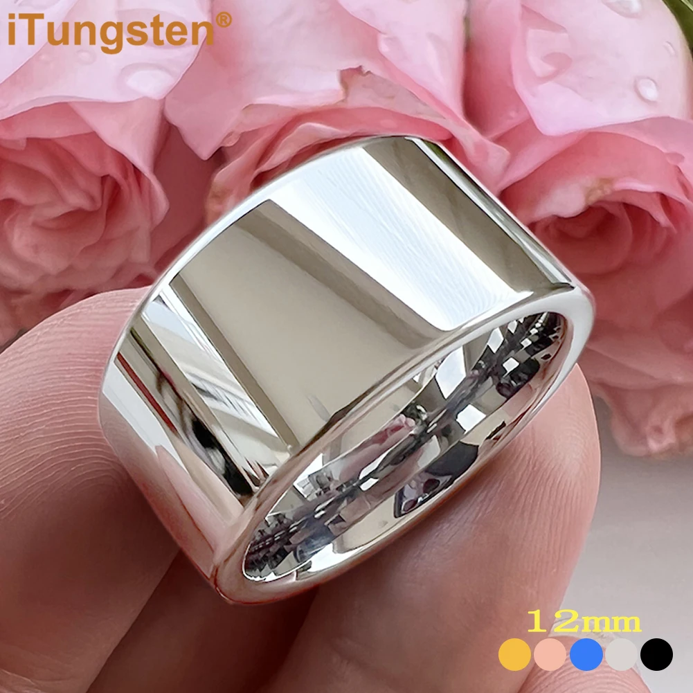 iTungsten 12mm  대형 남성 반지 반짝 이는 텅스텐 웨딩 밴드 패션 주얼리 파이프 컷 세련된 컴포트 피트