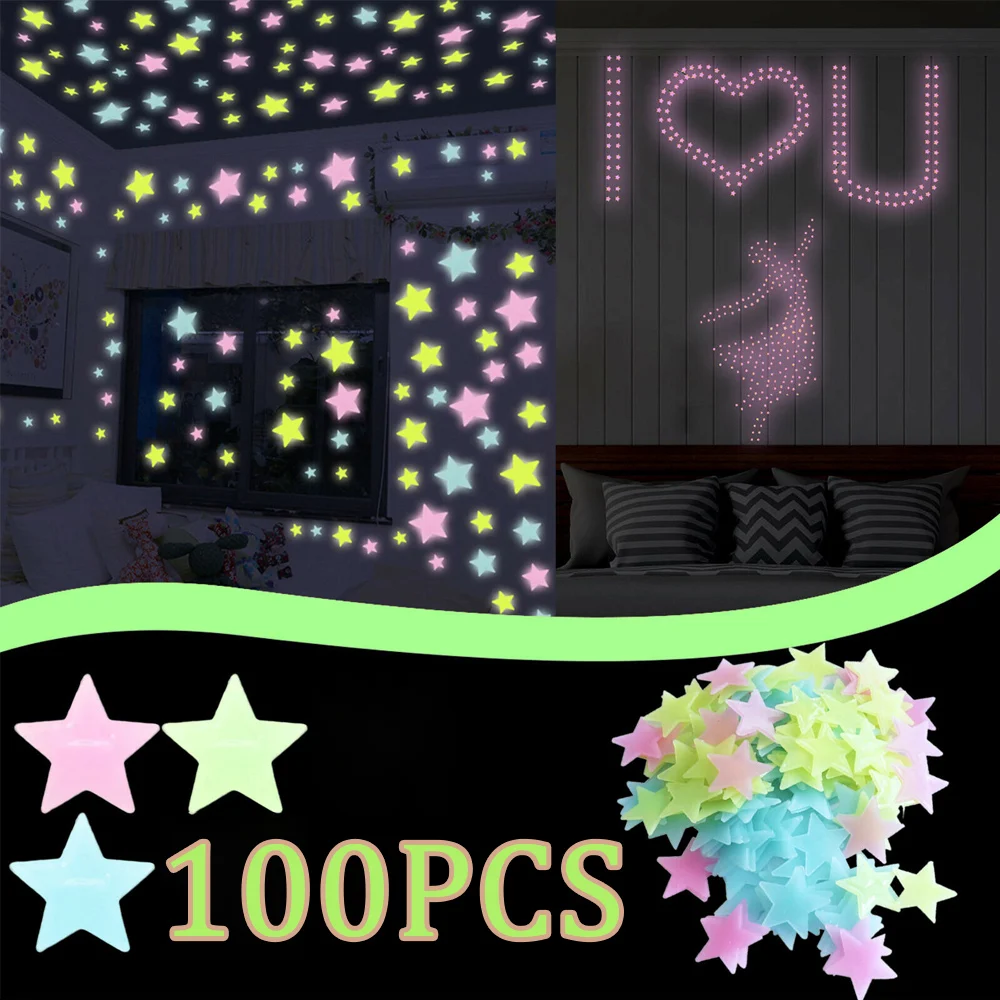 Luminous Wall Stickers Luminous 3D Star Stickers for CHILDREN'S Room Bedroom Ceiling Illuminated Plastic Wall Stickers Home Decoratio 100 Pieces