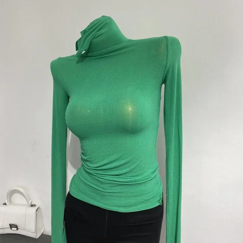 Thin Soft American Long Sleeve T-shirt High Stacked Neck Tight Perspective Bottom Shirt Women's Slim Fit Tops Sexy Streetwear