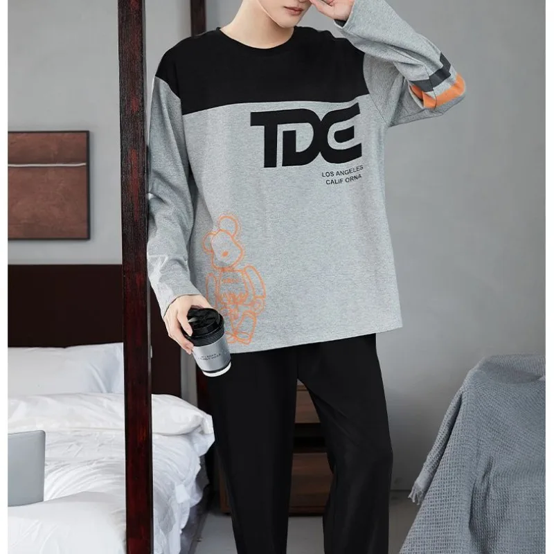 Men New Pajamas Long Sleeve Pure Cotton Pajamas Spring Autumn Pyjamas Casual Cartoon Nightdress Round Neck Loose Home Wear Set