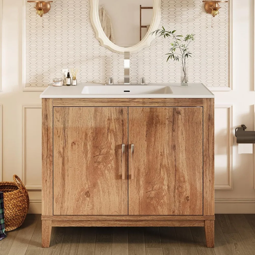 Bathroom Vanity with Sink Combo Single Sink Bathroom Vanity with High Gloss Wood Grain Farmhouse