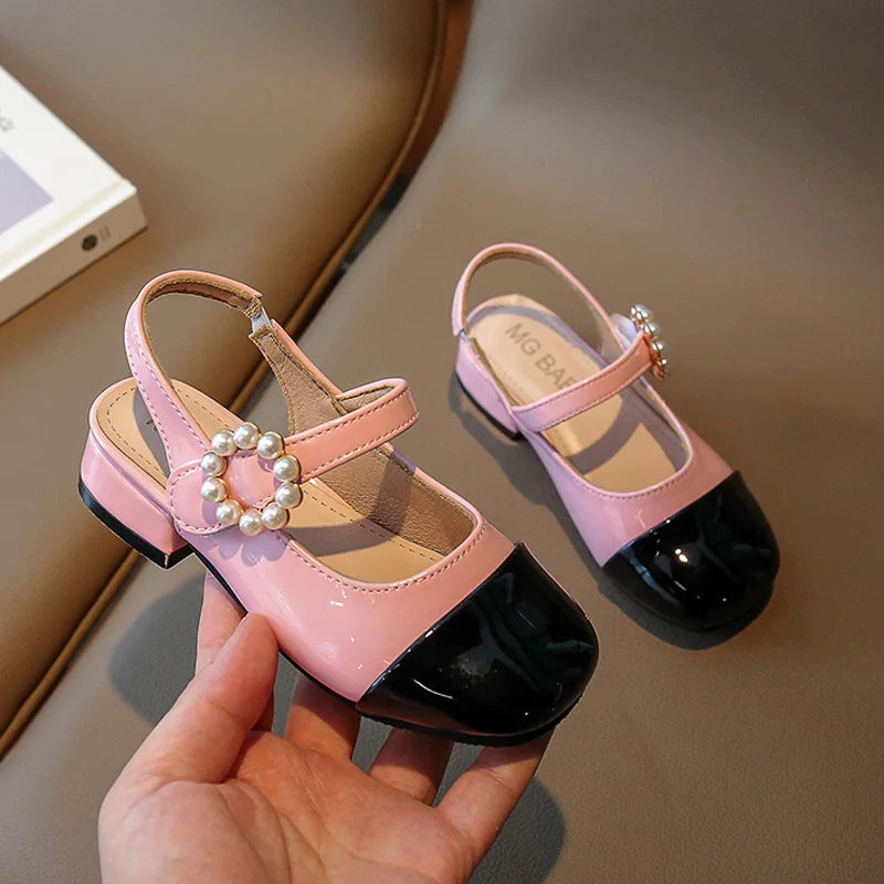 Patent Leatherette Heeled Slingback Sandals for Girl Elegant Wedding Party Shoes Kids Luxury Pearl Buckle Brand Design Sandalias 3