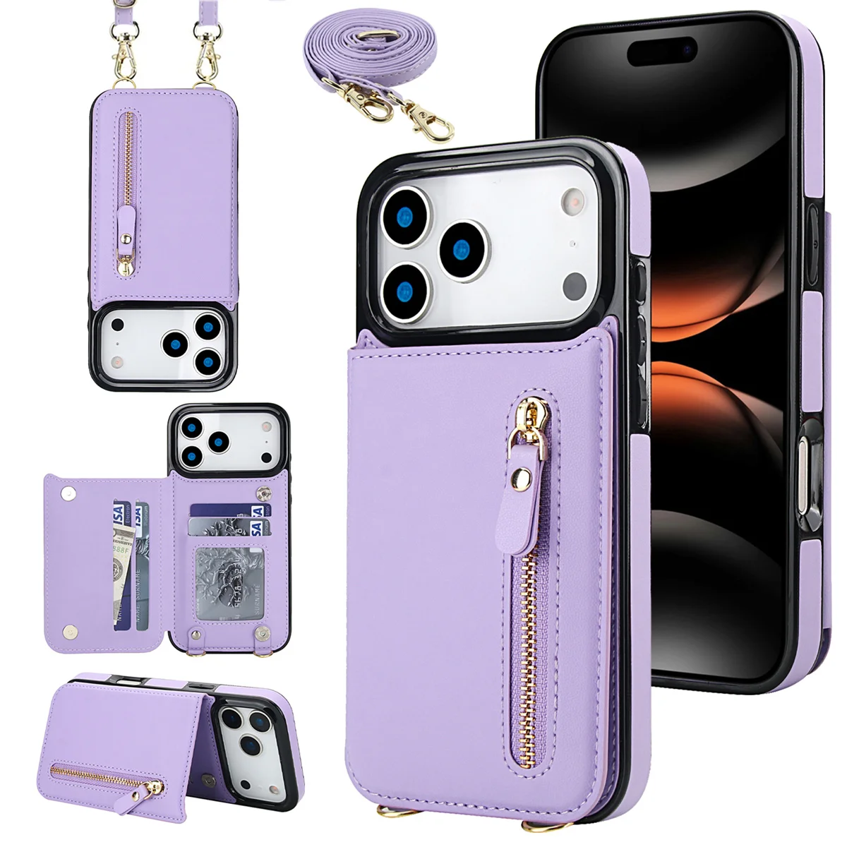 Elegant Leather Crossbody Zipper Wallet with RFID Protection and Card Slots