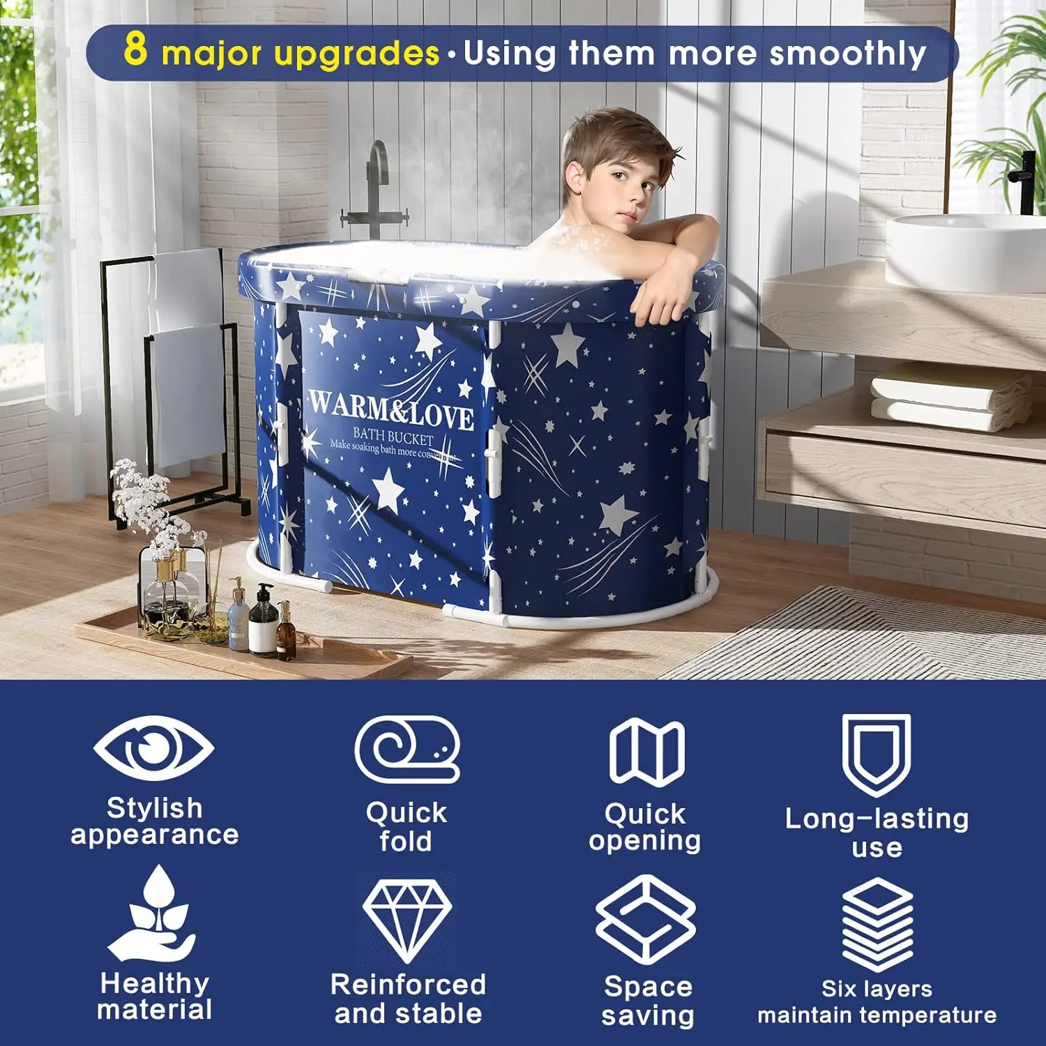 Foldable Freestanding Bathtub for Adults and Kids, Therapy Tub for Shower Stall Bathroom Fold Up Soaking Bath Tub, Hot SPA,