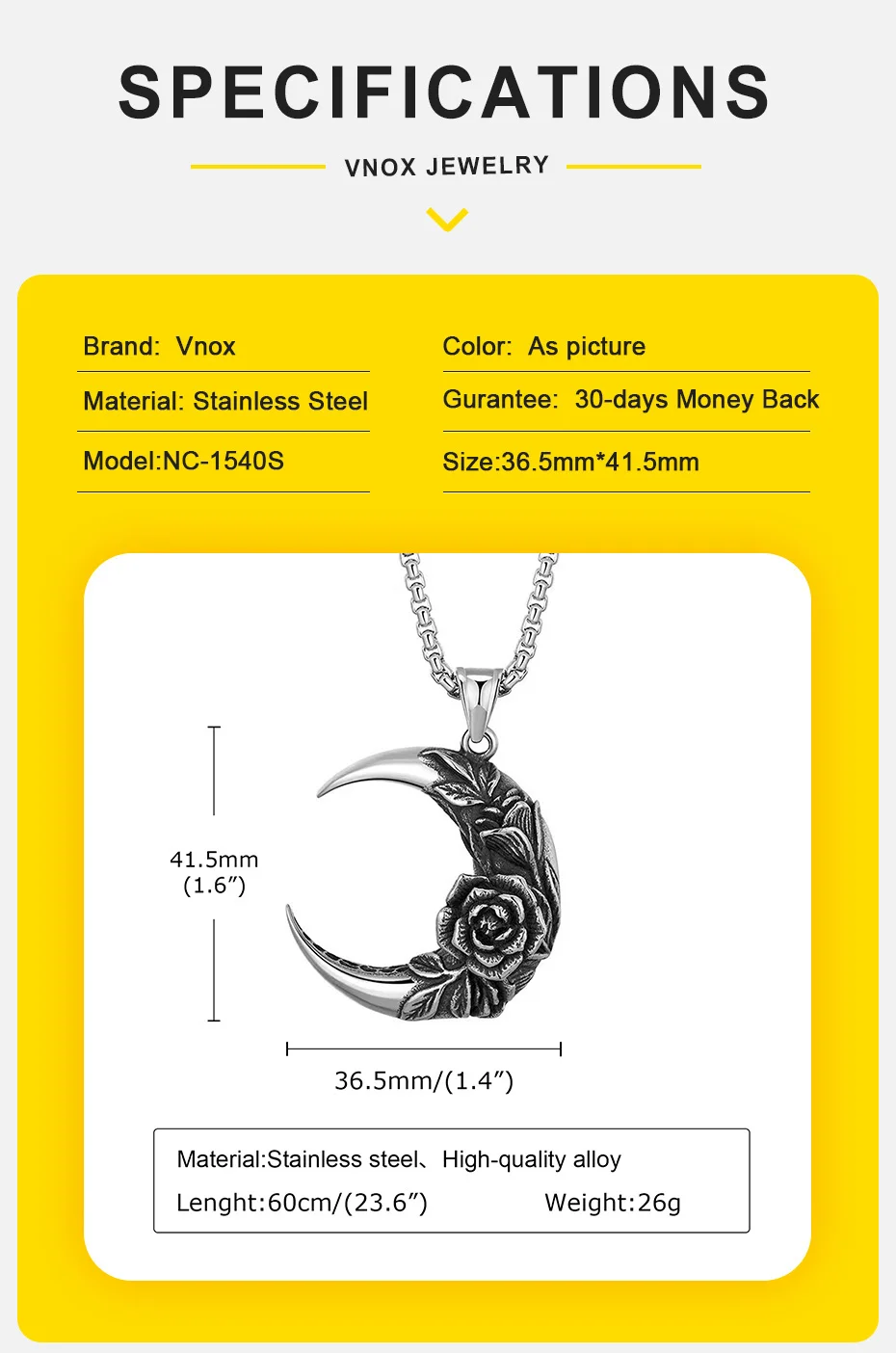Vnox Big Moon mit Rosen-Anhänger-Halskette für Männer und Frauen, cooles Unisex-Pflanzenhalsband, Gothic-Punkrock-Schmuck – Detail 4