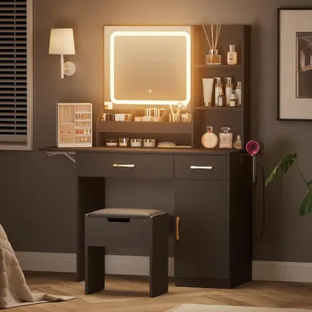 Vanity Desk with Mirror and 3 LED Lights, Power Outlet Makeup Vanity Table with 3 Drawers and 7 Shelves Dressing Tabl 1