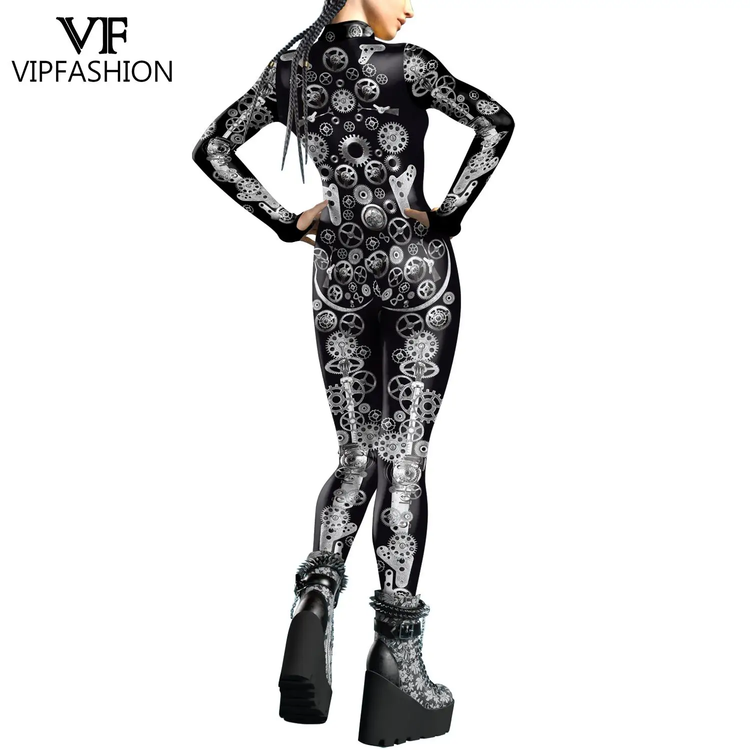 VIP FASHION Punk Zentai Bodysuit Woman Party Costume Halloween Festival Catsuit Front Zipper Jumpsuit Outfit with Thomb Sleeves