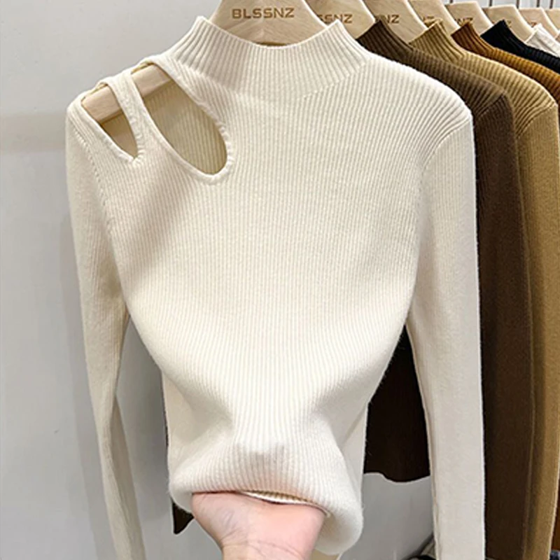 

Female Half Turtleneck Sweater Knitted Bottoming Shirt Women's Autumn And Winter Fashion Sexy Hollowed-out Off-the-shoulder Top