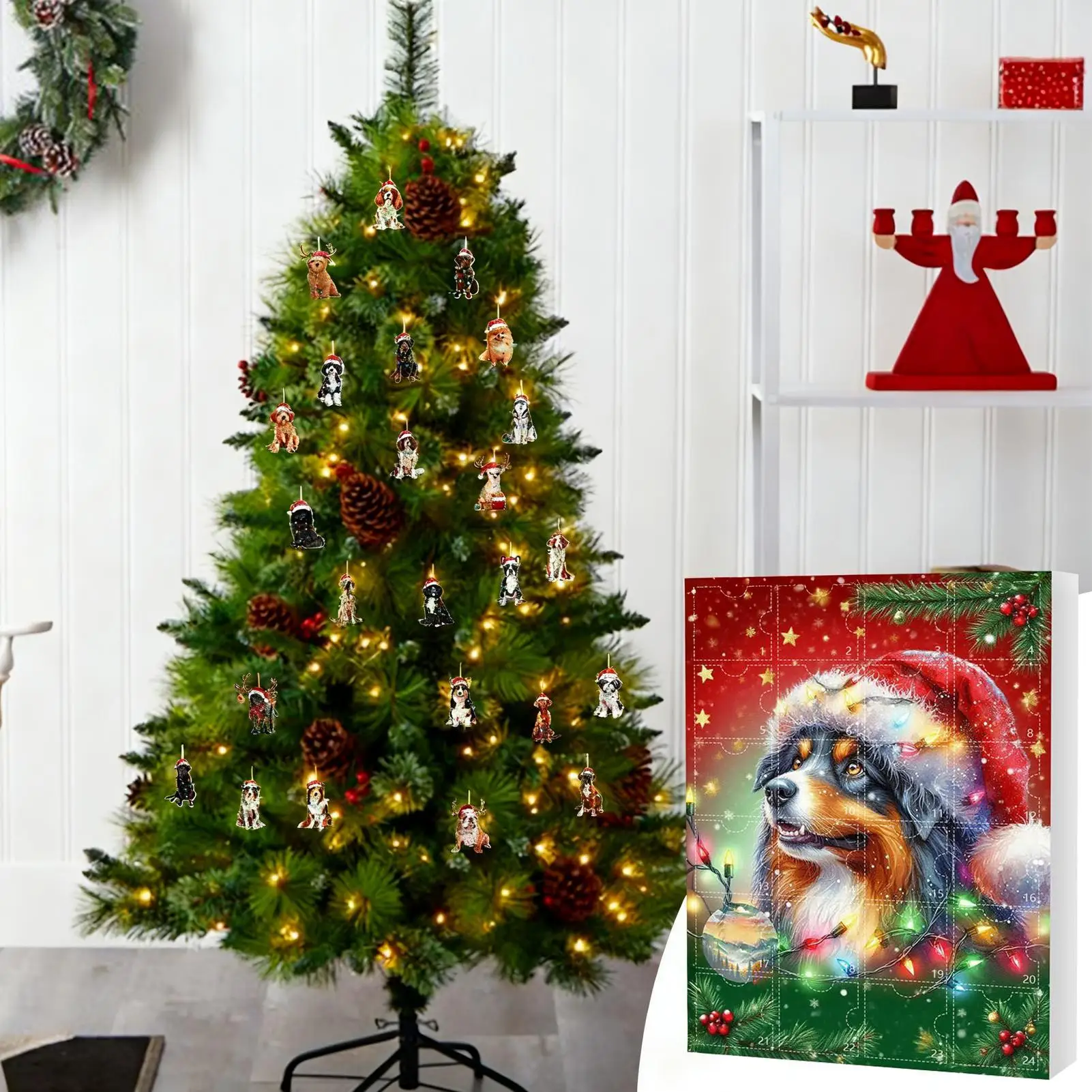 Christmas Countdown 2D Cute Dog Acrylic Decorative Pendant 24Pcs Dog Wear Santa Hat Design Countdown To Christmas for Kids Gifts