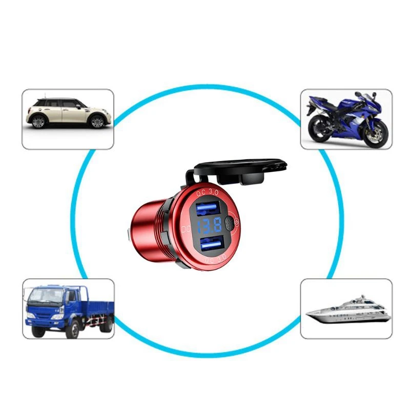 QC 3.0 Dual USB Car Charger Socket 12V/24V USB Charger with Contact Switch for Boat Motorcycle Truck Golf Cart Black