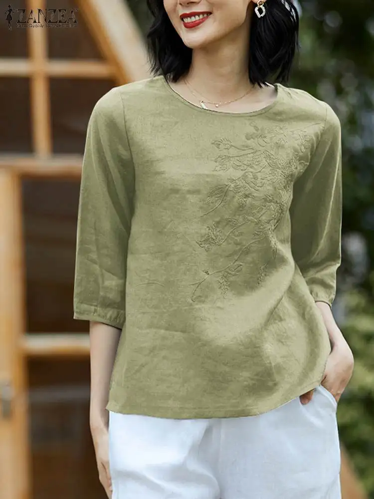 

Autumn Elegant Shirt 2023 ZANZEA Women O Neck 3/4 Sleeve Blouse Vintage Floral Embroidery Blusas Femme Causal Tunic Tops Chemise