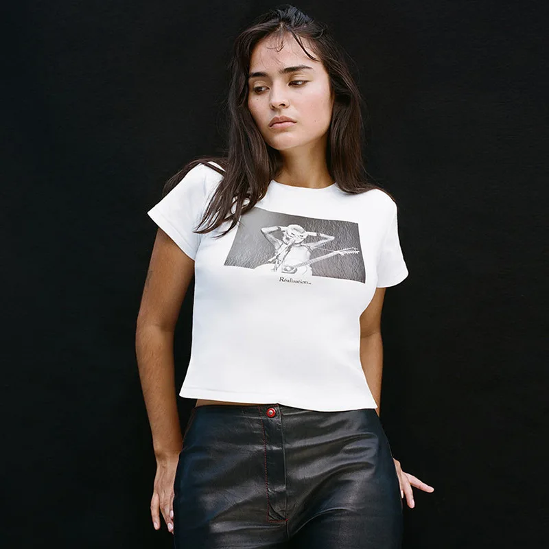 

Fashion Classic Trendy Luxury Designer 23 Spring/Summer Guitar Digital Printed Elastic Short Sleeve T-shirt Female