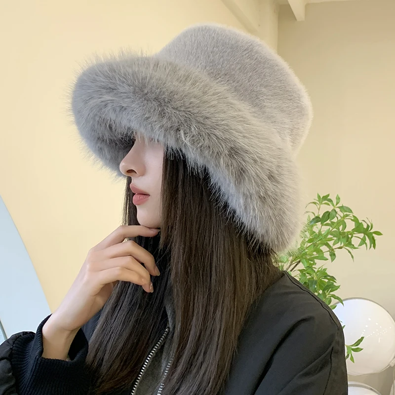 2023 Big Faux Fur Fluffy Bucket Hat for Women Luxury Plush Winter Hat Thicken Snow Oversized Fur Bucket Hat Soft Big Panama Cap