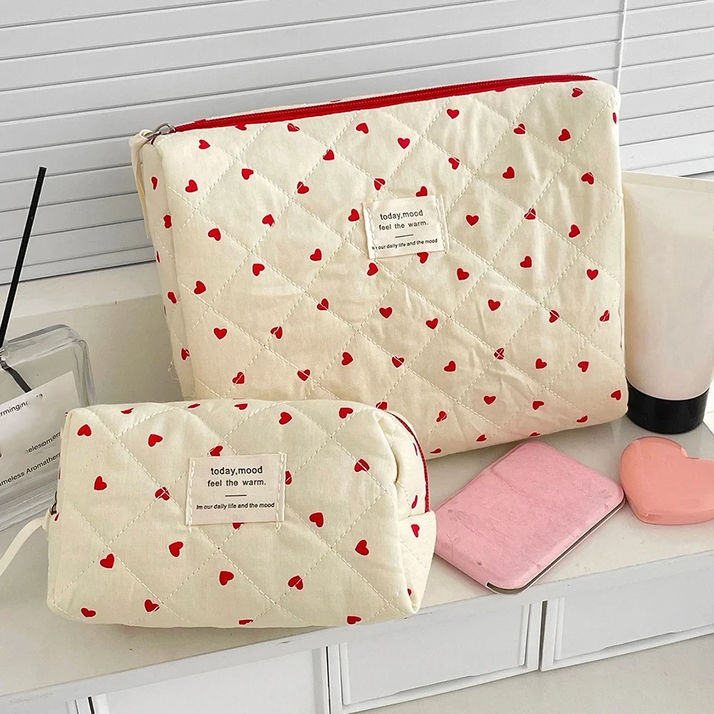 Fashion Ins Heart Women Quilting Makeup Bag Large Capacity Toiletry Cosmetic Storage Pouch Handbag Ladies Zipper Makeup Bag