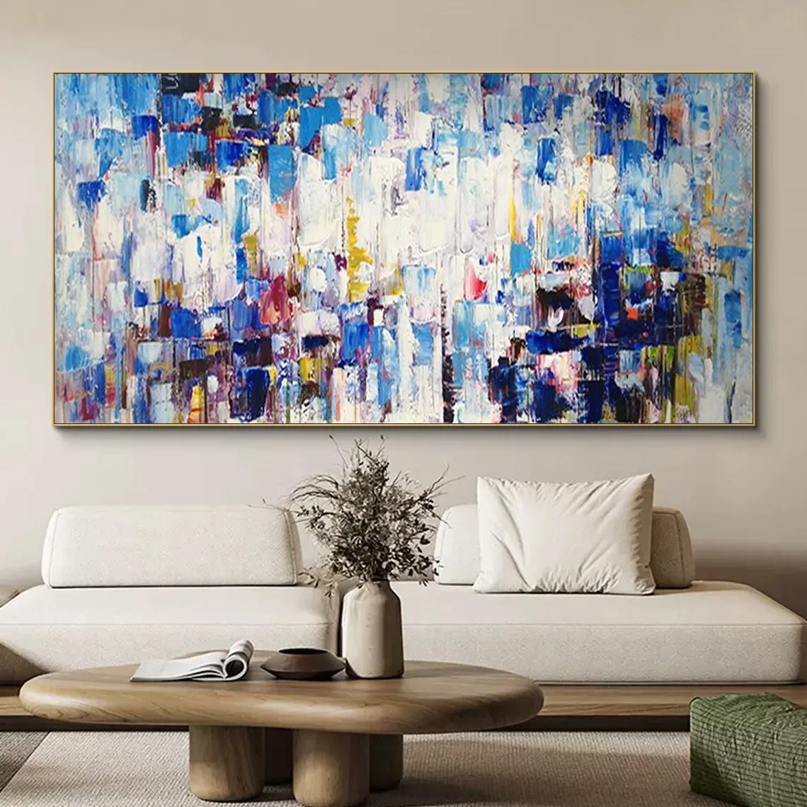 

Palette Knife Colorful Handmade On Canvas Blue Yellow White Textured Oil Painting Artwork Modern Home Abstract Large Wall Art