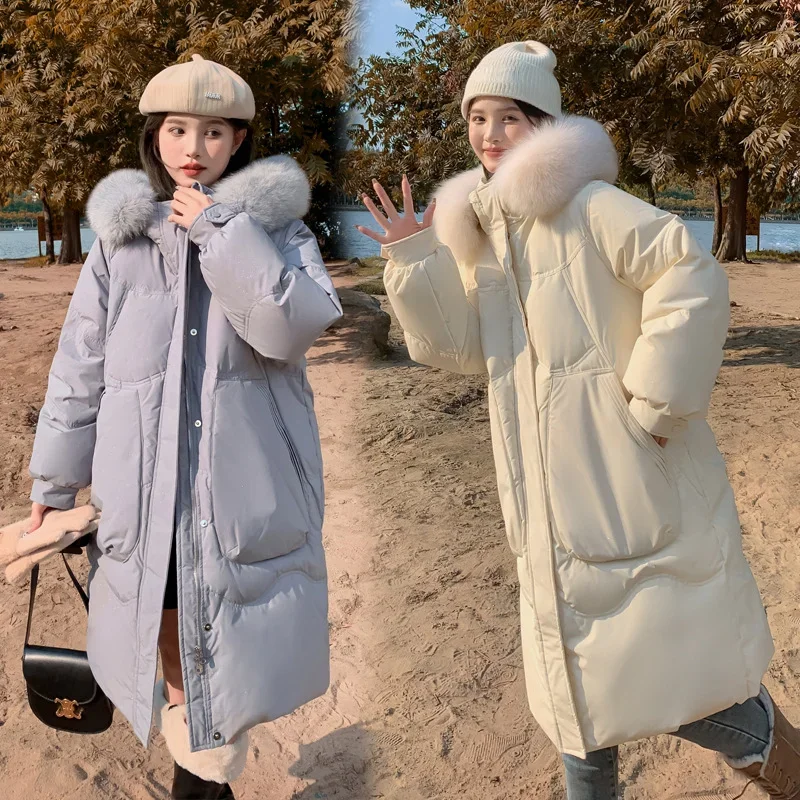 Bling Hooded Down Jackets Women Fox Fur Collar Warm Sweet Medium Long White Duck Coats Thickened Clothes Loose 6XL Long Sleeves