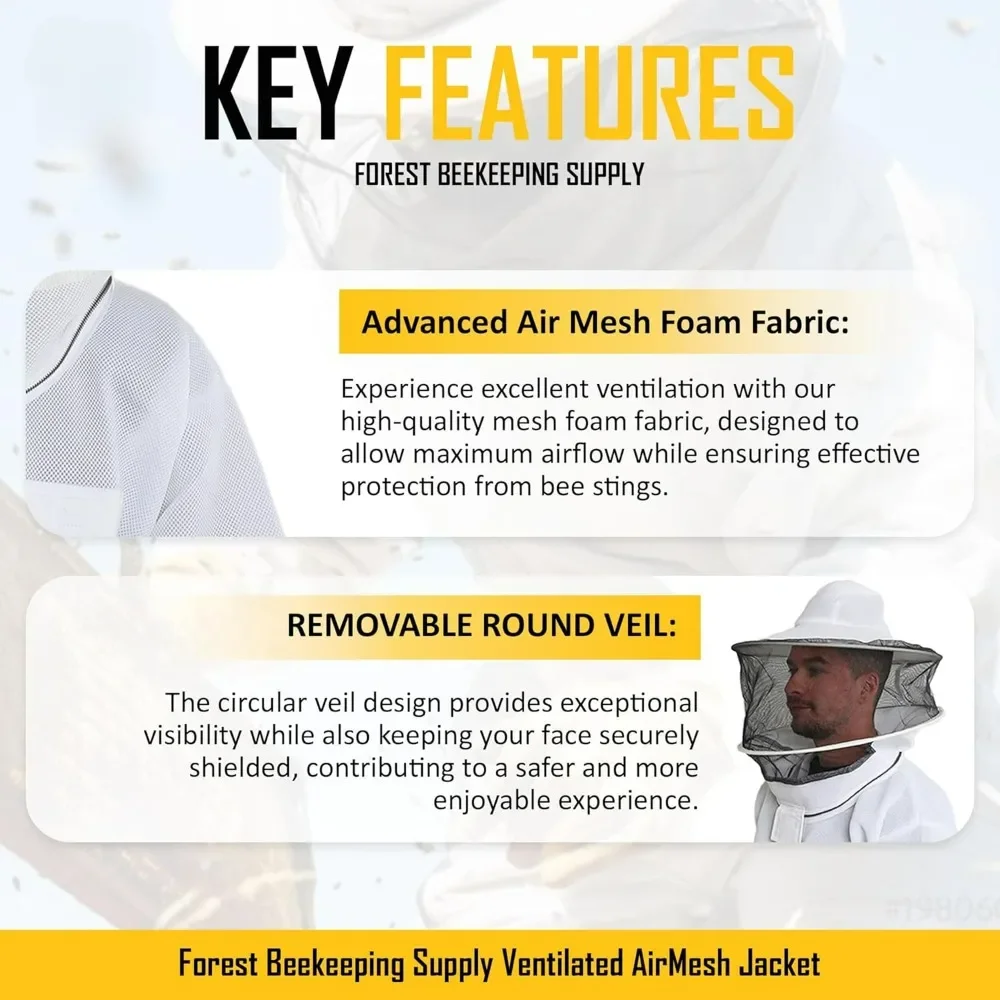 Ventilated Beekeeping Jacket with Round Veil, Heavy Brass Zippers, Lightweight Breathable Airmesh Fabric, Comfortable Protective