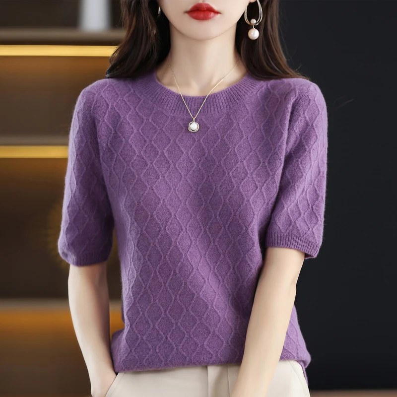 

Новинка 2023, Женский вязаный пуловер из 100% чистой шерсти с коротким рукавом и круглым вырезом, Женская свободная модная футболка с коротким рукавом, Топ