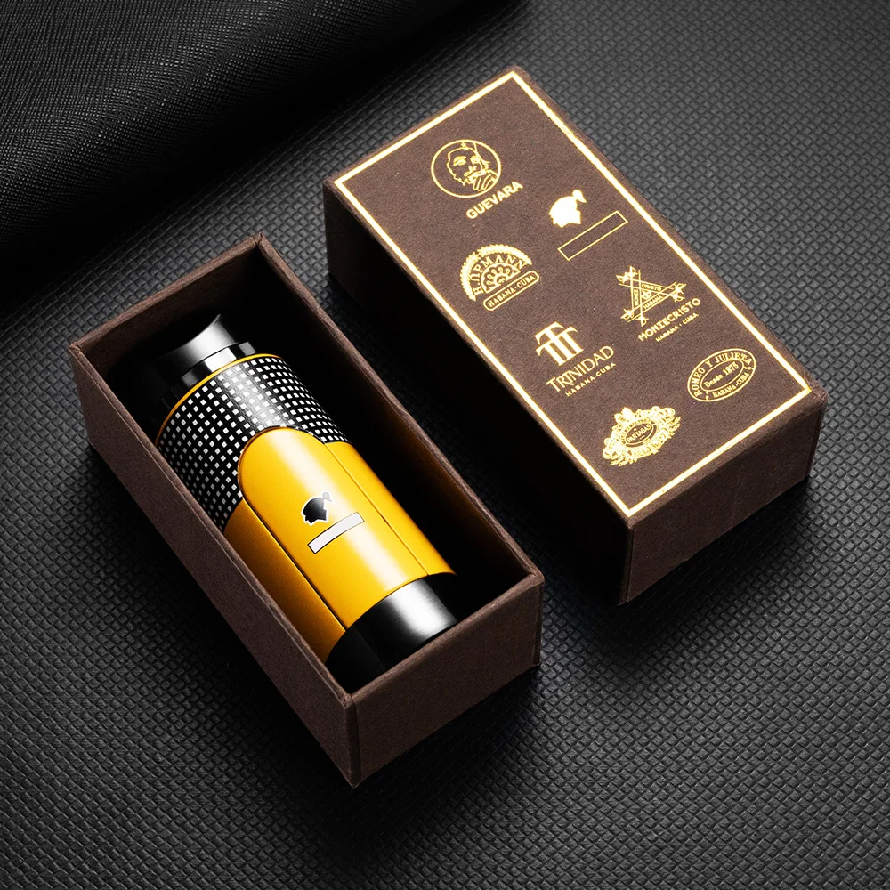 Cigar Lighter Built In Puncher Windproof Cigar Lighter Holder Butane 3 Torch Jet Flame Smoking Accessories With Gift Box