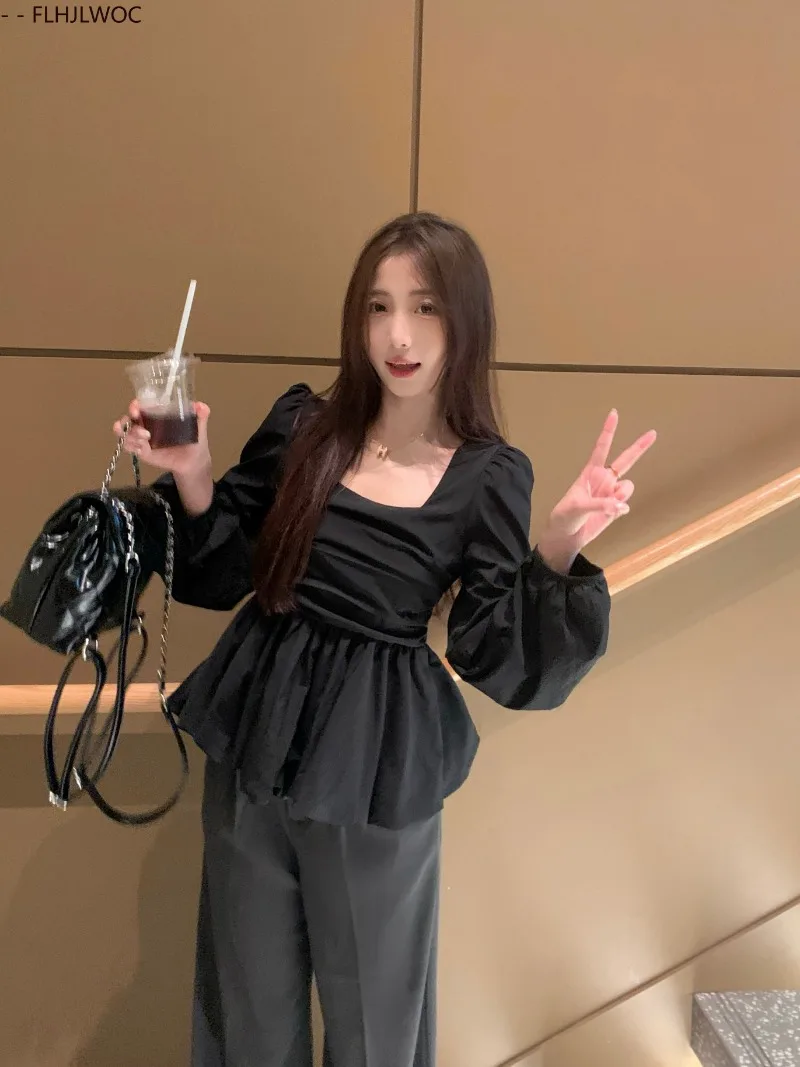 Belly Tunic Peplum Tops Blouses New Design Women Long Sleeve Casual Chic Korea Slim Fitted Black White Basics Shirts