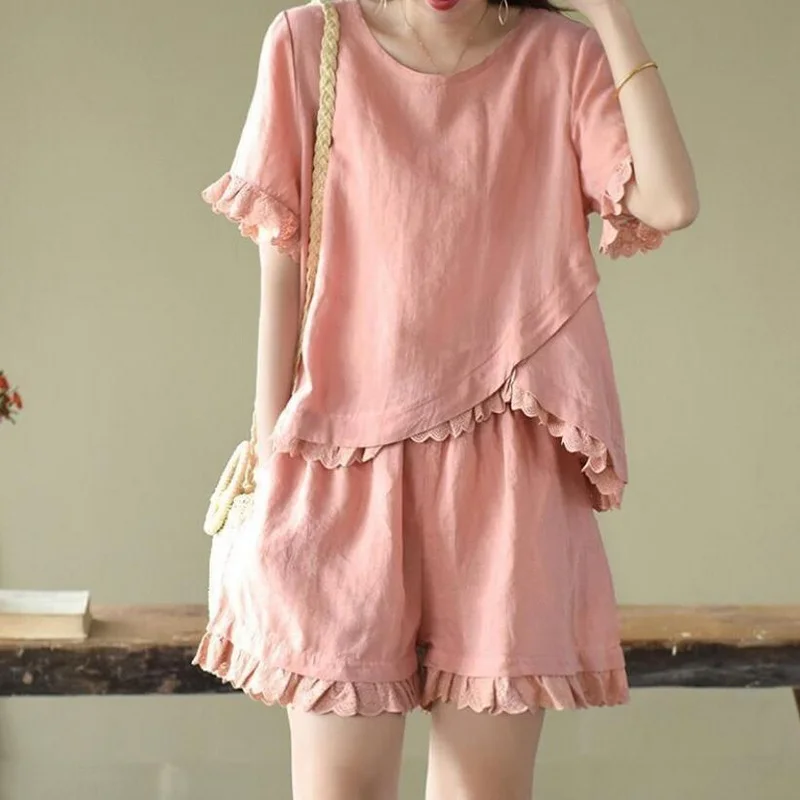 

Women's Summer Suit Cotton Casual Suit Cotton Linen Irregular T-Shirt + Loose Wide-Leg Shorts Two-Piece Set Multicolor
