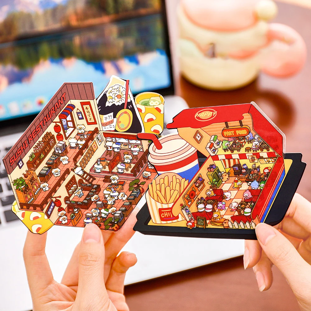 New 3d Food And Play Landscape Stickers Cute Student Handbooks Material Scenes Stickers Miniature 3d House Decoration