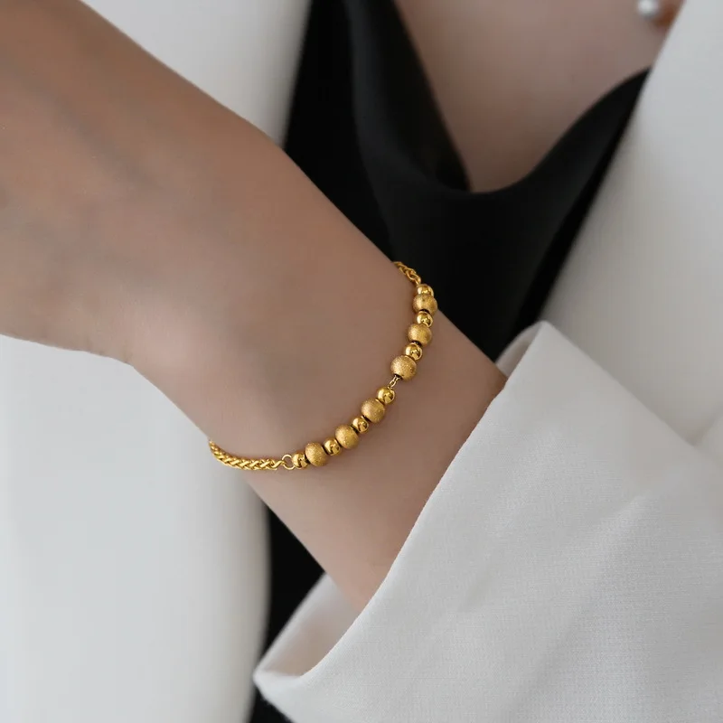 ANENJERY 316L Stainless Steel Simple Beads Chain Bracelet Female Classical Festive Party Jewelry Gift