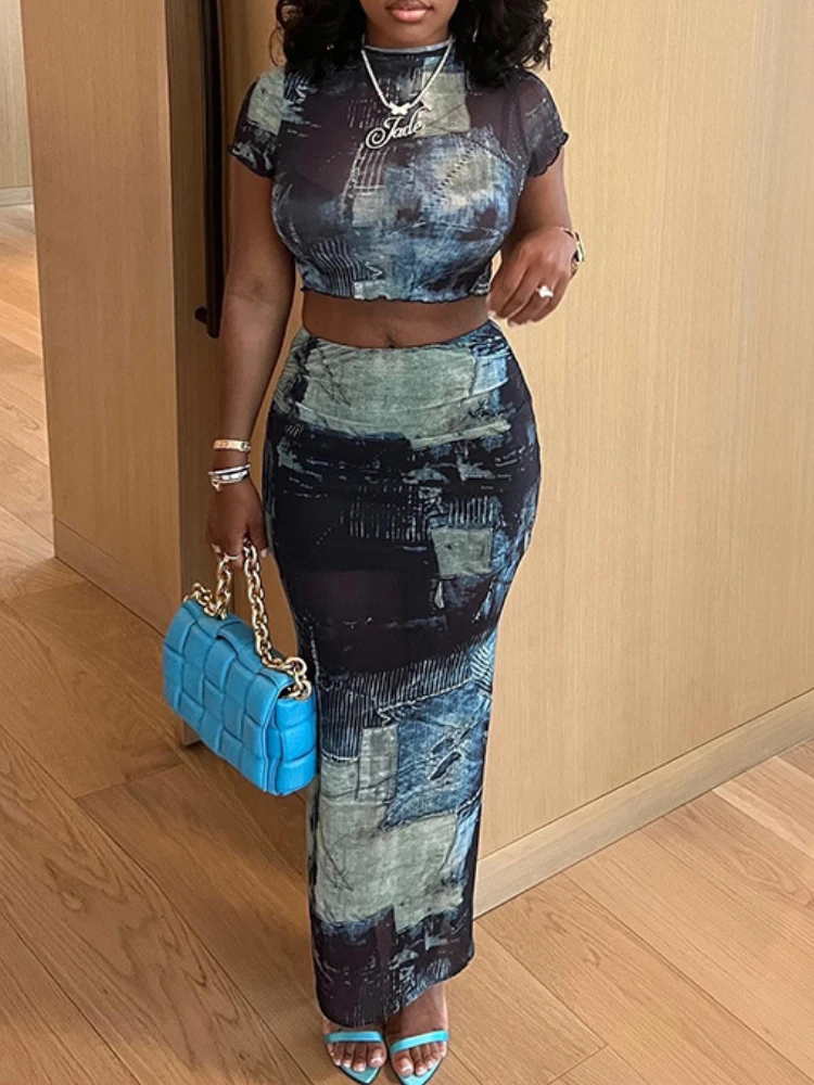 

Sexy Two Piece Sets Women Personalized Prints Crop Tops Vacation High Waist Hip-hugging Bustier Long Skirt Sets Slim T-shirt Y2k