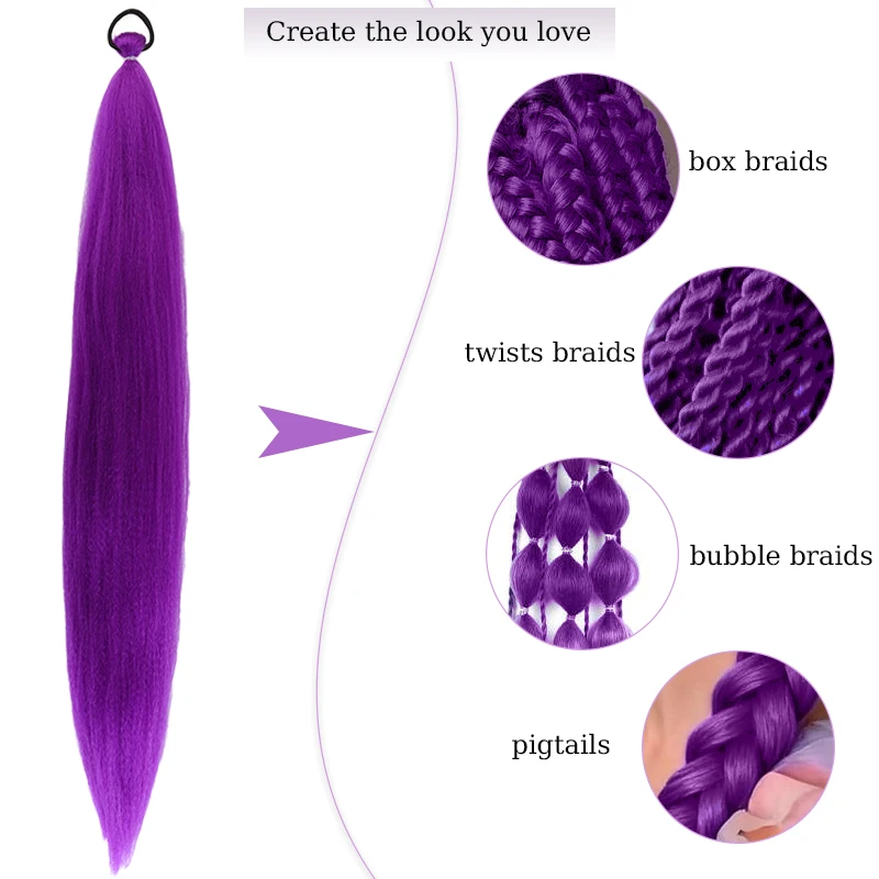 3Pcs Purple Hair Ponytail Extensions Hairpiece Synthetic Wig Straight Ponytail for Braiding Women&Kids Christmas Use Purple Wig