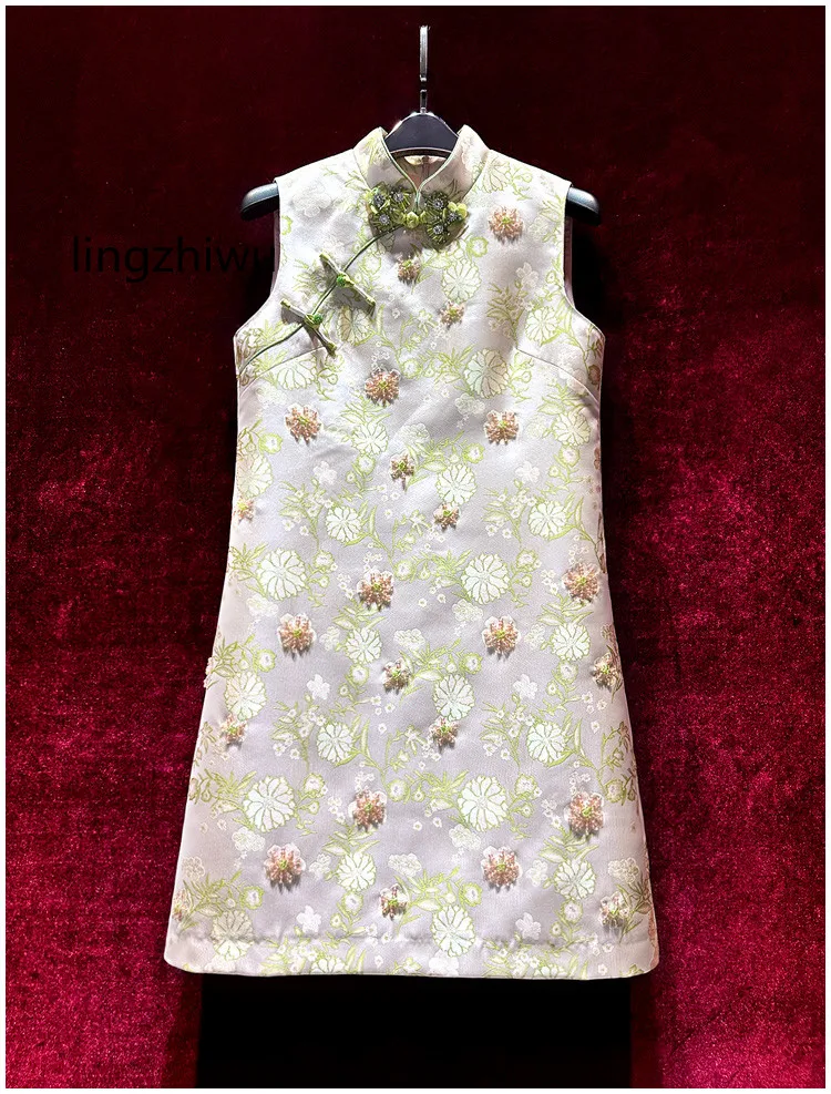 

lingzhiwu Jacquard Dress Chinese Style Handmade Beading Cheongsam Dresses Female Top Quality New Arrive