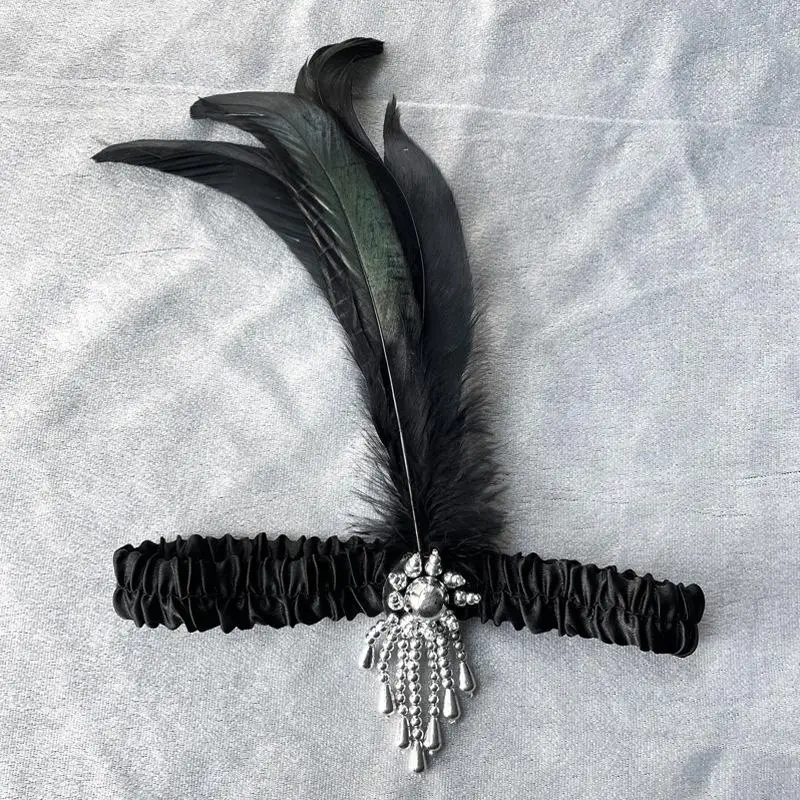 Elegant Women's Black Beaded Feather Headband - Retro 1920s Style Hair Accessory