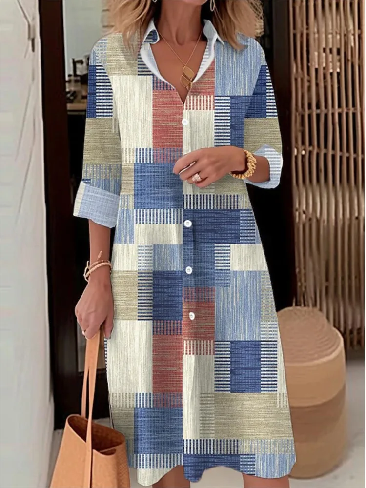 Fashion For Women Plaid Print Shirt Dress Elegant Casual Long