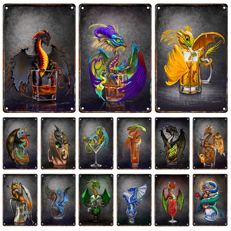 

Creativity Cocktail Whiskey Juice Dragon Metal Sign Plaque Tin Painting Retro Bar Club Restaurant Wall Art Decor Mural Aesthetic