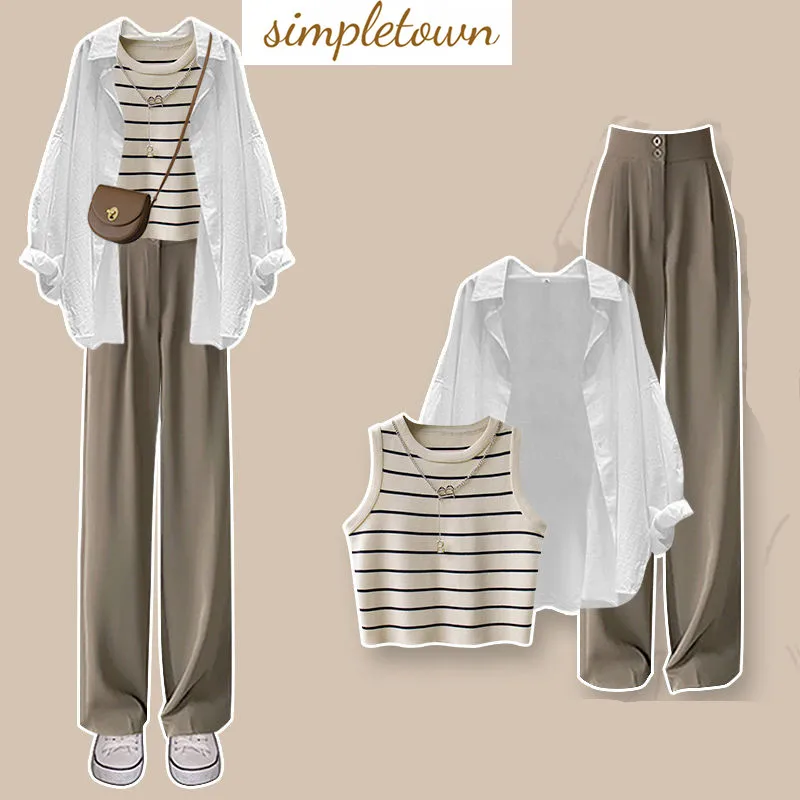 Summer New Stripe Panel Tank Top Sunscreen Chiffon Shirt Casual Wide Leg Pants Three Piece Elegant Women's Pants Set