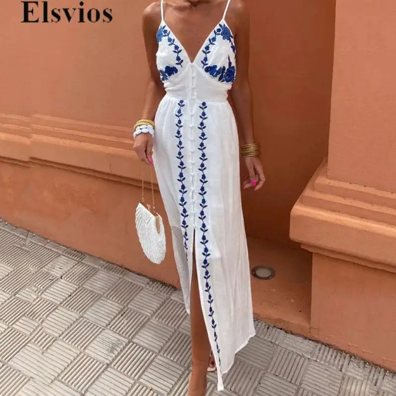 

2024 Temperament Embroidery Strap Dresses Elegant Sexy Backless Button Split Long Dress Women Chic High Waist Bohemian Dress