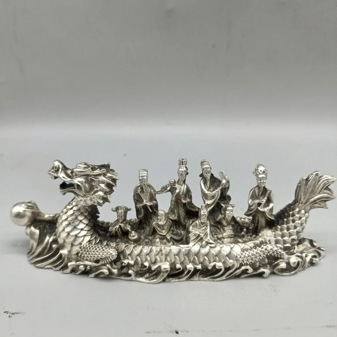 

Eight Immortals Dragon Boat Silver Plated Cross the Sea Statue Decoration Eight Statue Living Room Office Home