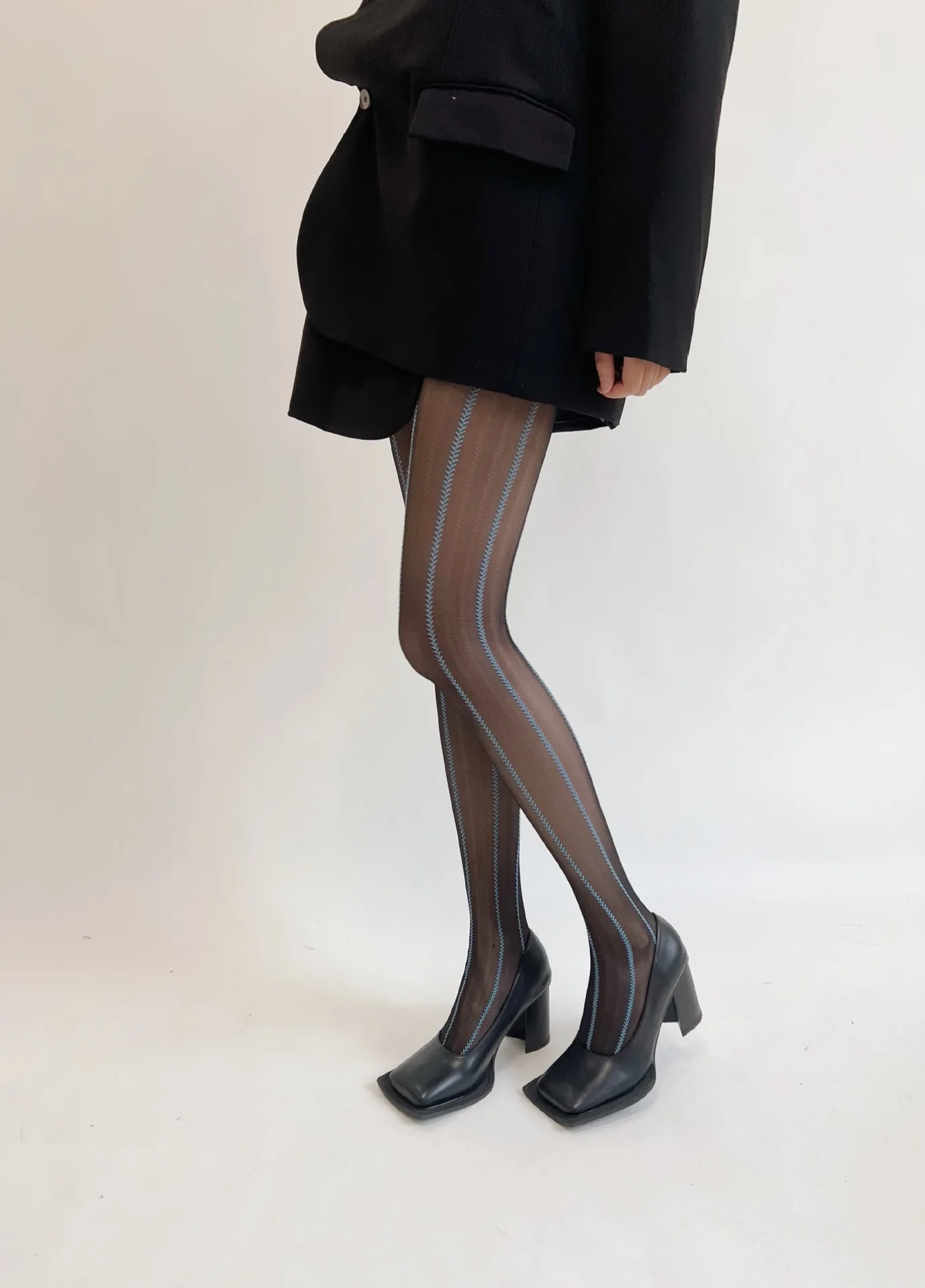 Description Picture 4 of itemRetro Stockings Sexy Blue Silk Pantyhose Japanese Lolita Vertical Striped Wheat Grain Ultra-thin Cosplay Designer Tights Women