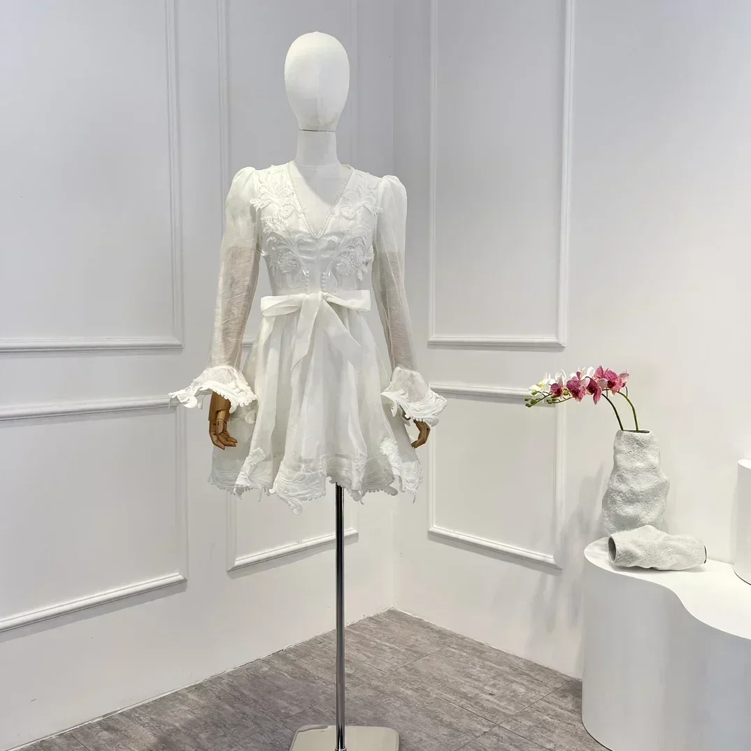 

Женское винтажное мини-платье, элегантное белое платье с длинным рукавом и бусинами, на шнуровке, весна-лето 2023