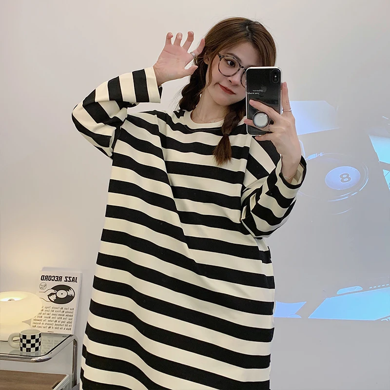 Ночная рубашка большого размера с длинным рукавом Женская Весенняя имитация хлопка Женская Осенняя Домашняя одежда средней длины с милым мультяшным рисунком